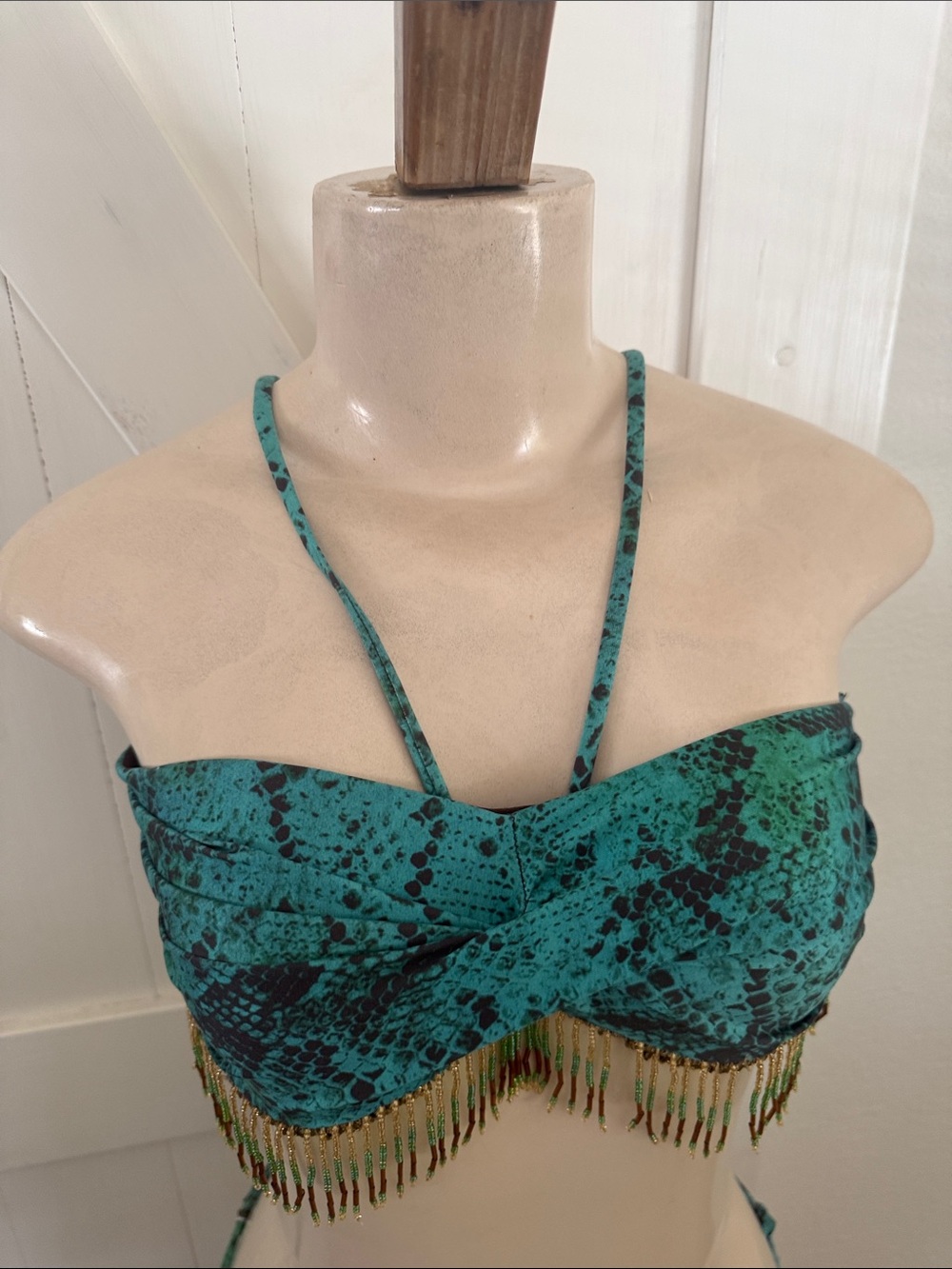 Green Snake Print w Beaded Fringe Tie Bikini Set - Women Swim M - Picture 10 of 11